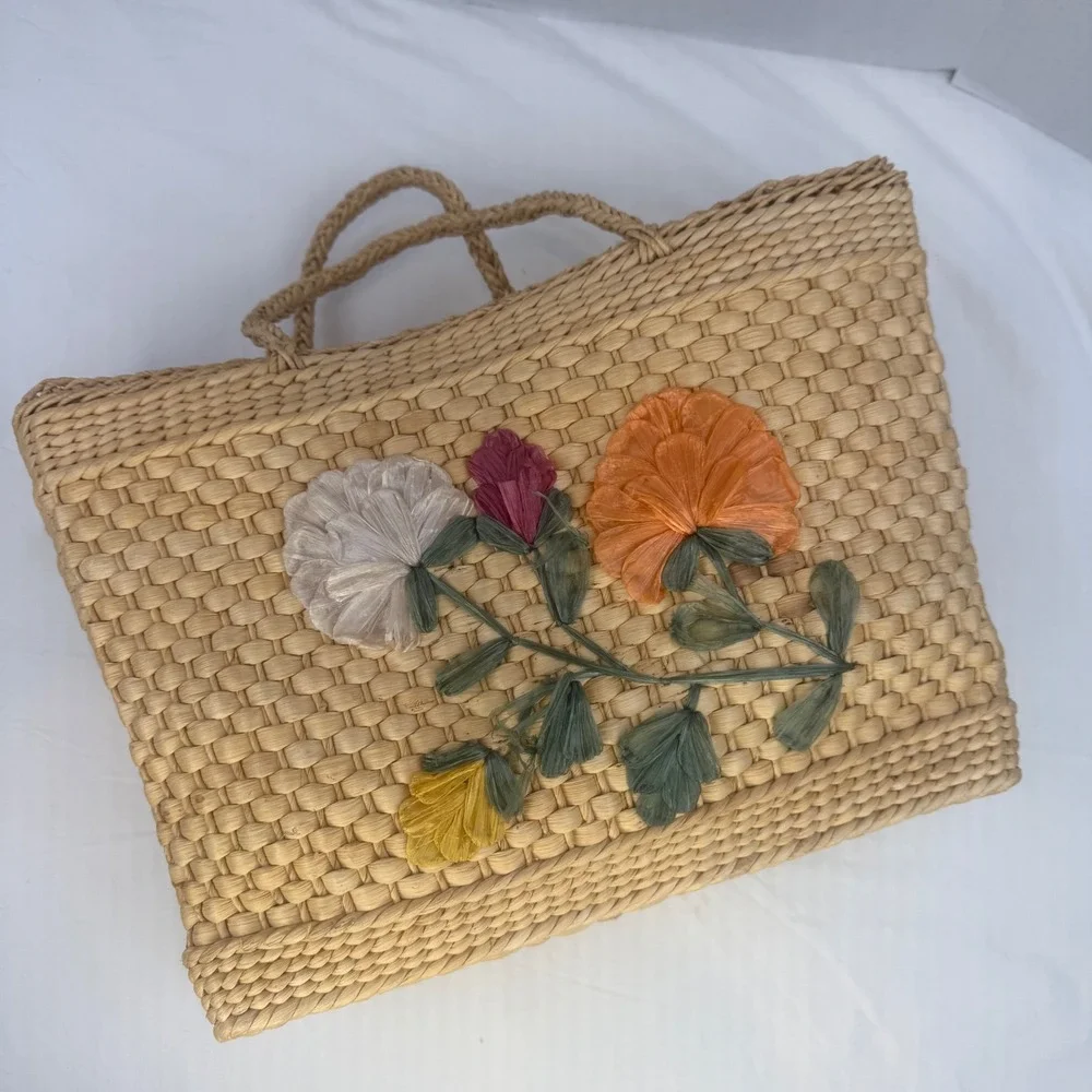Vintage Woven Straw Tote Bag Raffia Floral Embroidery Boho Basket Beach Bag Tan - Picture 1 of 14